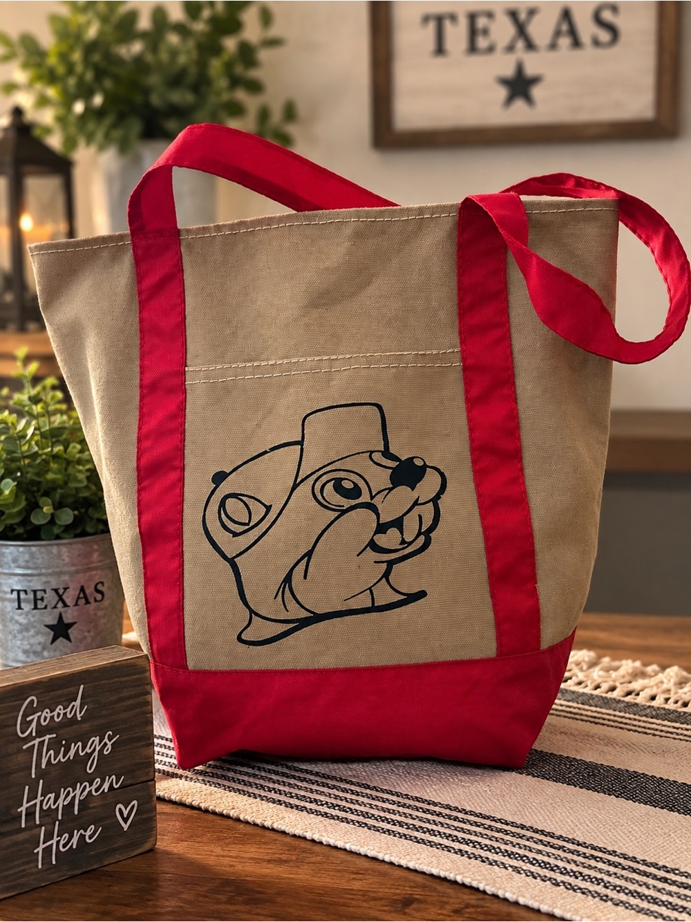Canvas Tote Bag with Red Accents and Buc-ees Print - NWT
